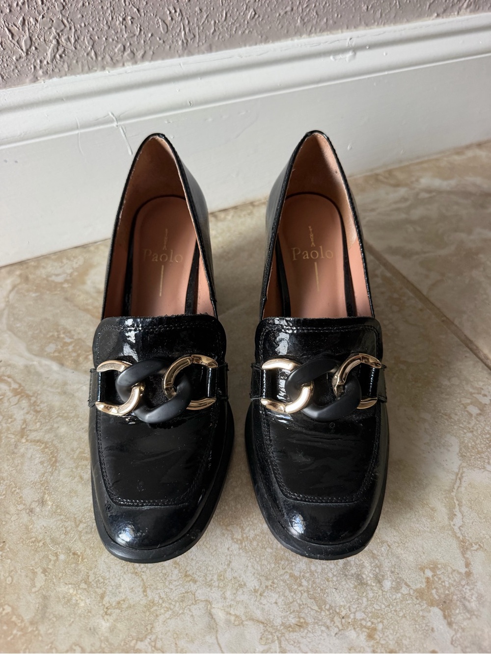 Paolo Black Patent Block Heel Loafers with Gold Chain - Picture 2 of 4